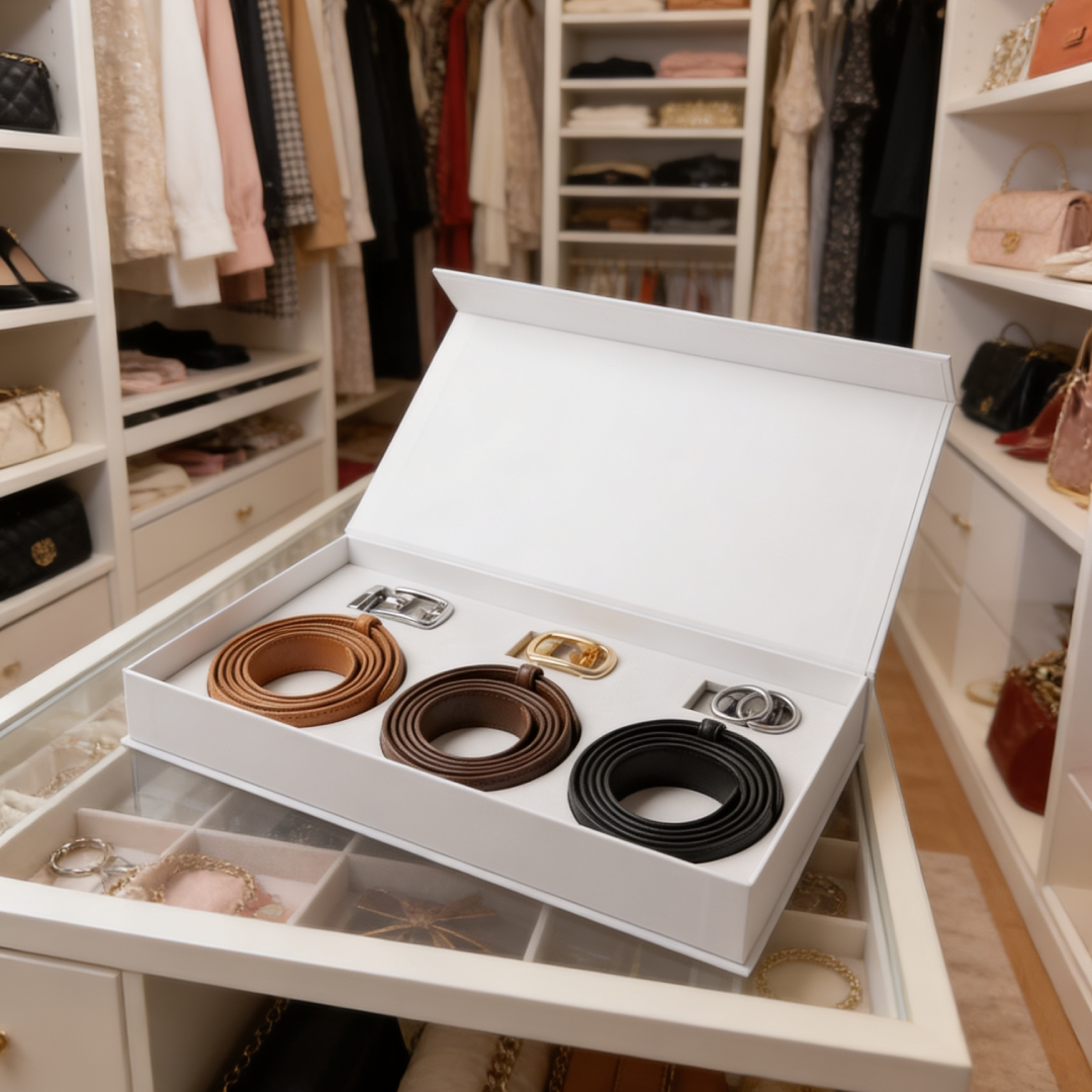 Stacked Solenna belts in neutral colors with metal buckles