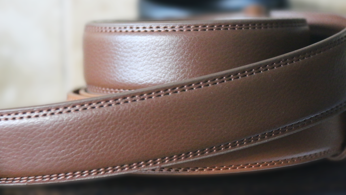 Close up of double stitched leather belt